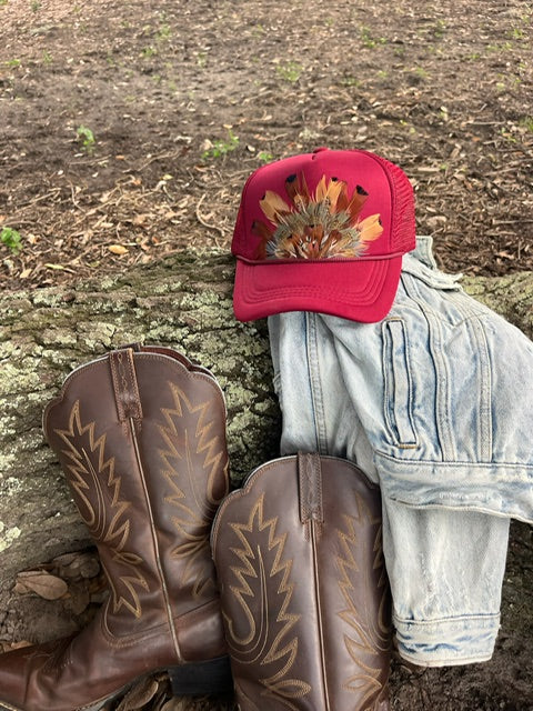 Feather Trucker Hat- Red
